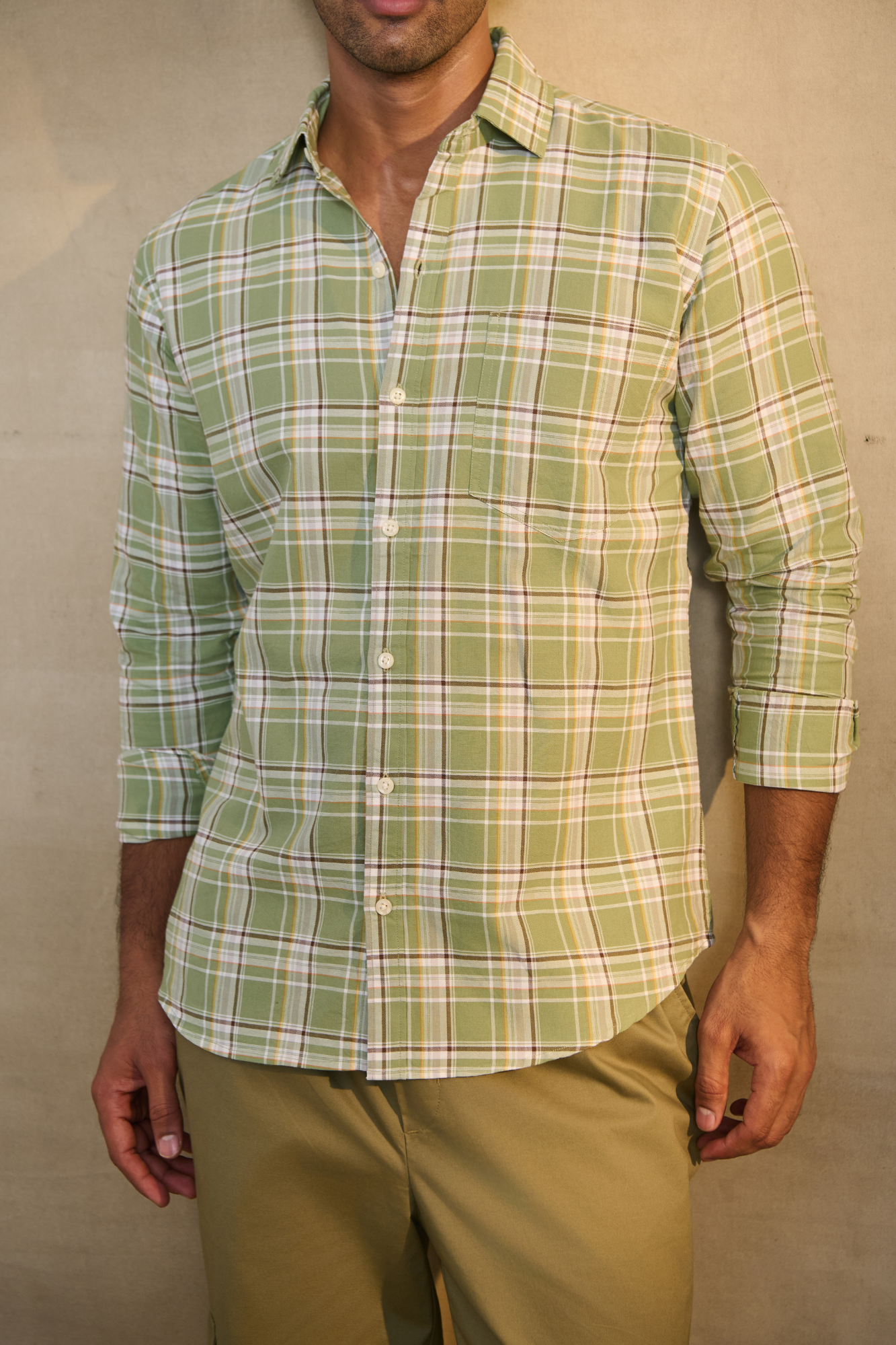 Oxford Check Shirt with 1 Patch Pocket - Light Green