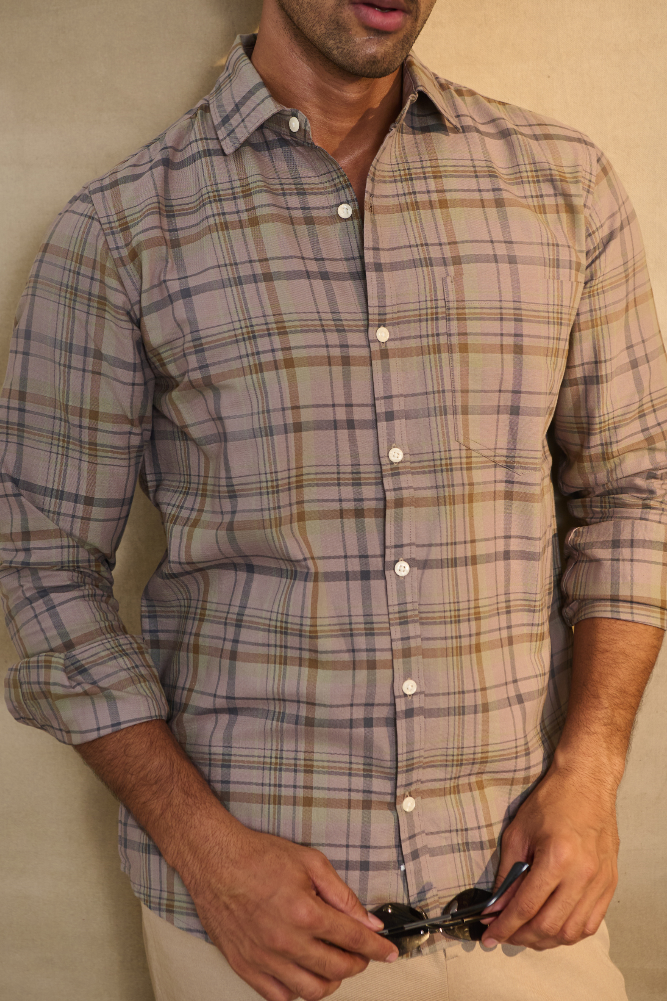Oxford Check Shirt with 1 Patch Pocket - Dark Brown