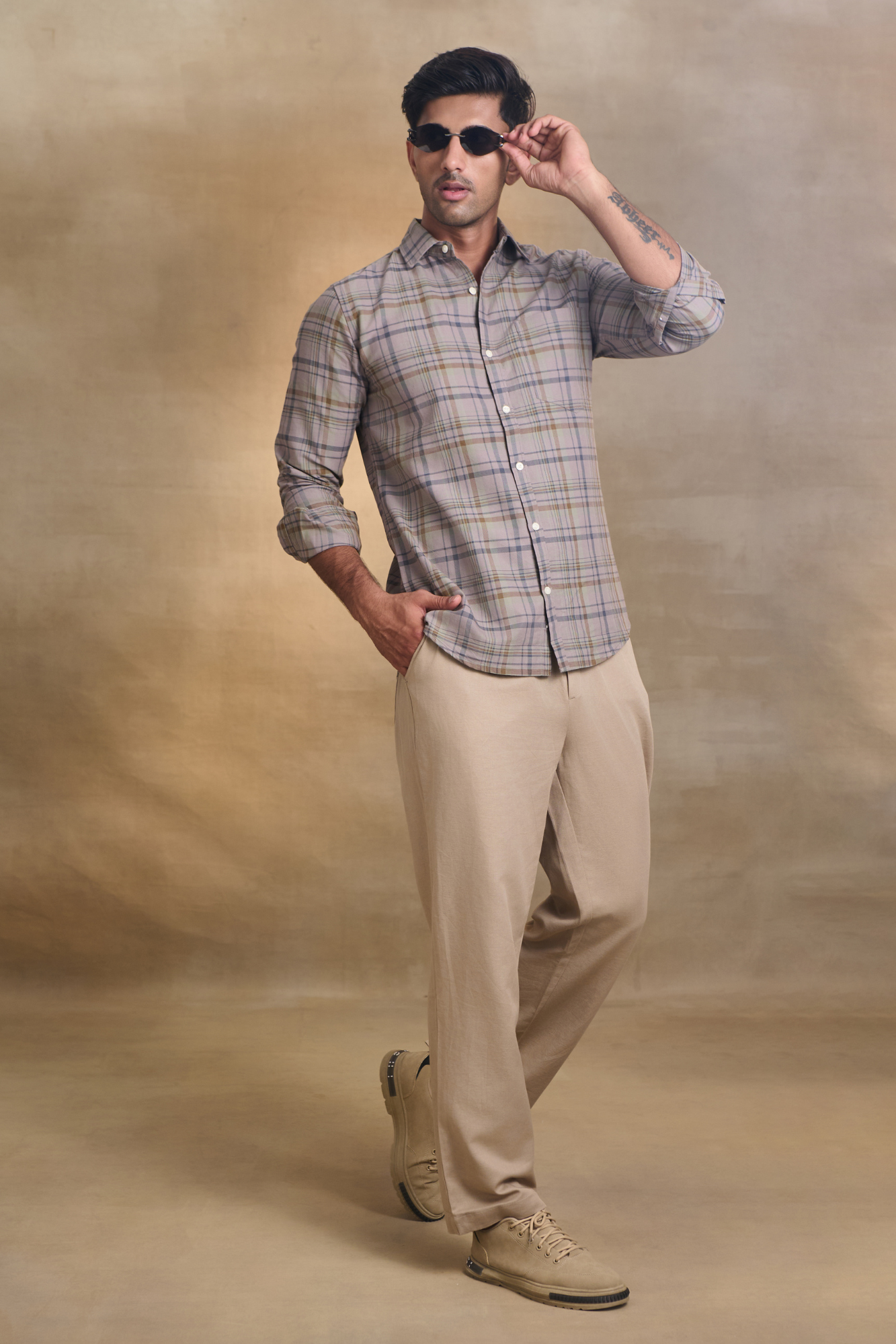 Oxford Check Shirt with 1 Patch Pocket - Dark Brown