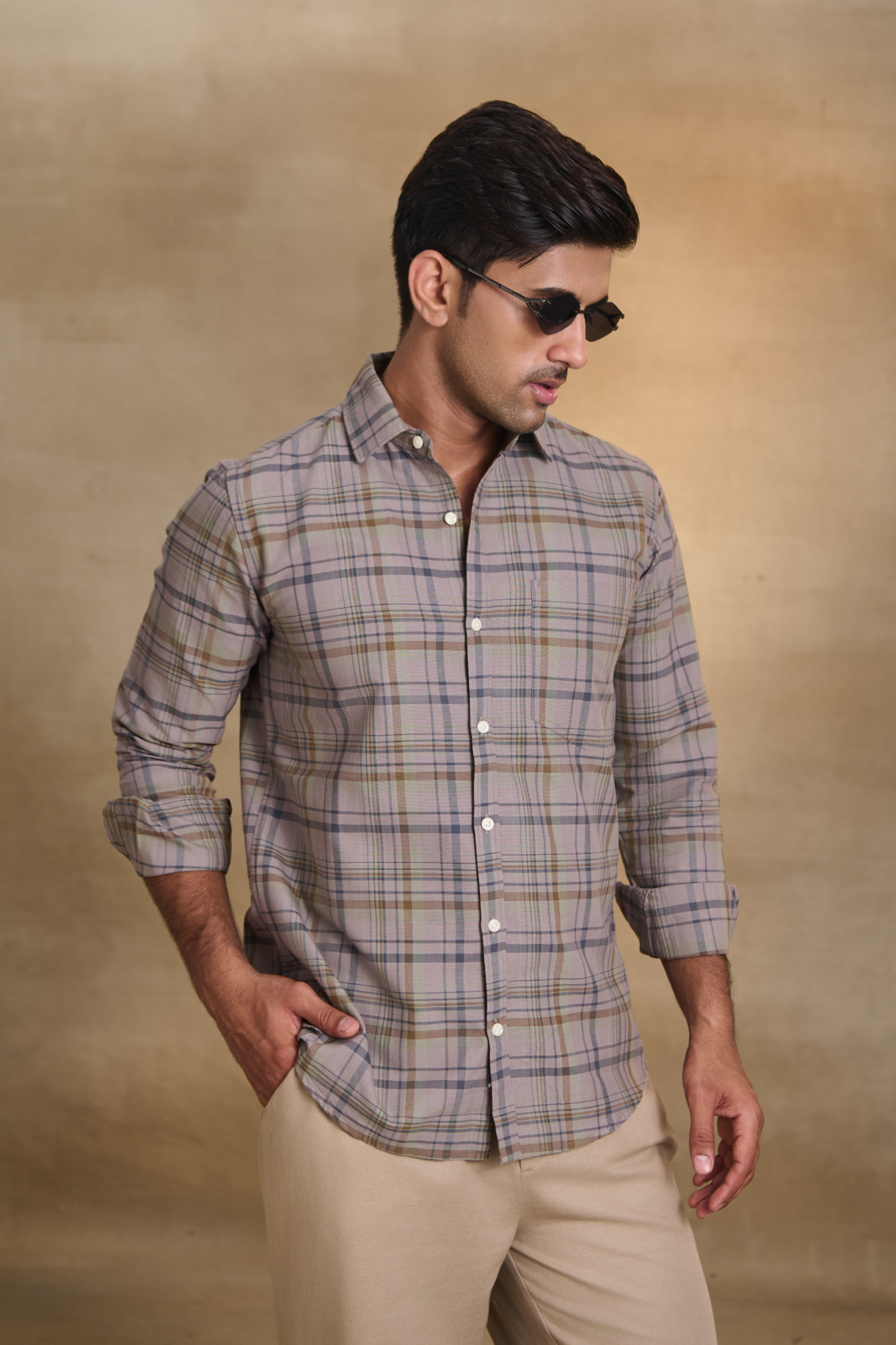 Oxford Check Shirt with 1 Patch Pocket - Dark Brown