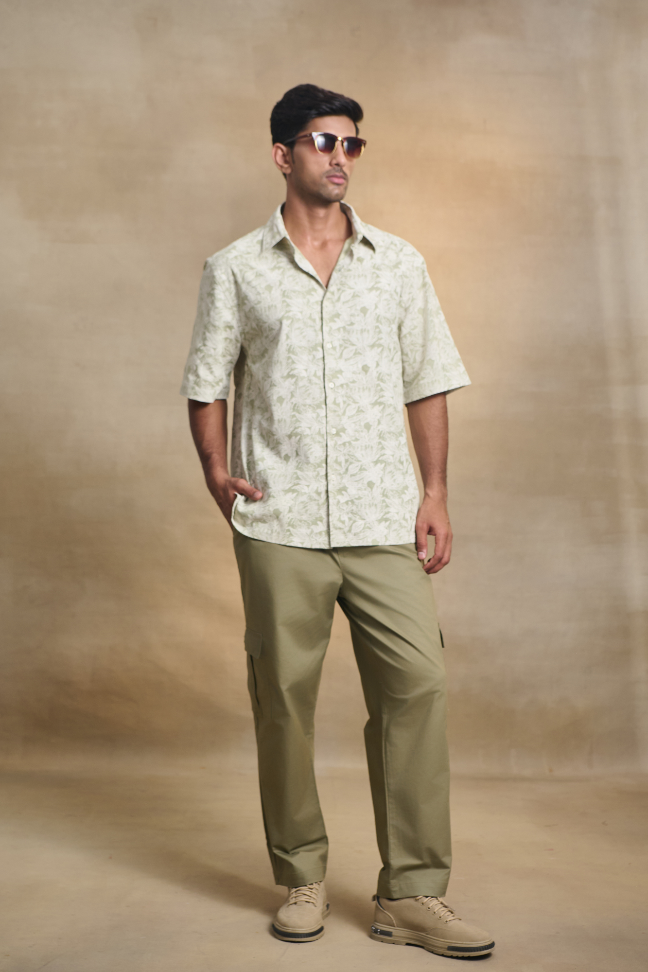 Half Sleeves Printed Classic Collar Oversize Shirt - Green