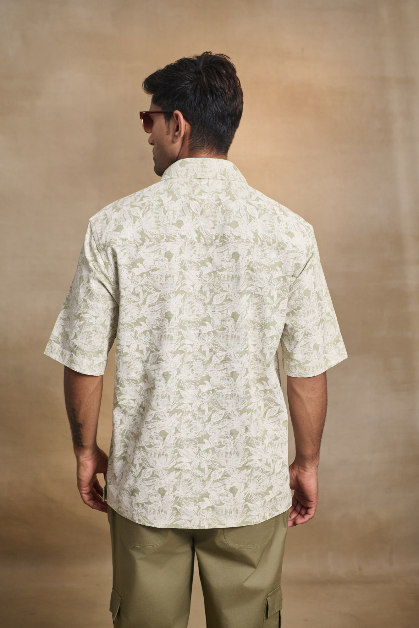 Half Sleeves Printed Classic Collar Oversize Shirt - Green