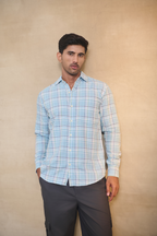 Oxford Check Shirt with 1 Patch Pocket - Light Blue
