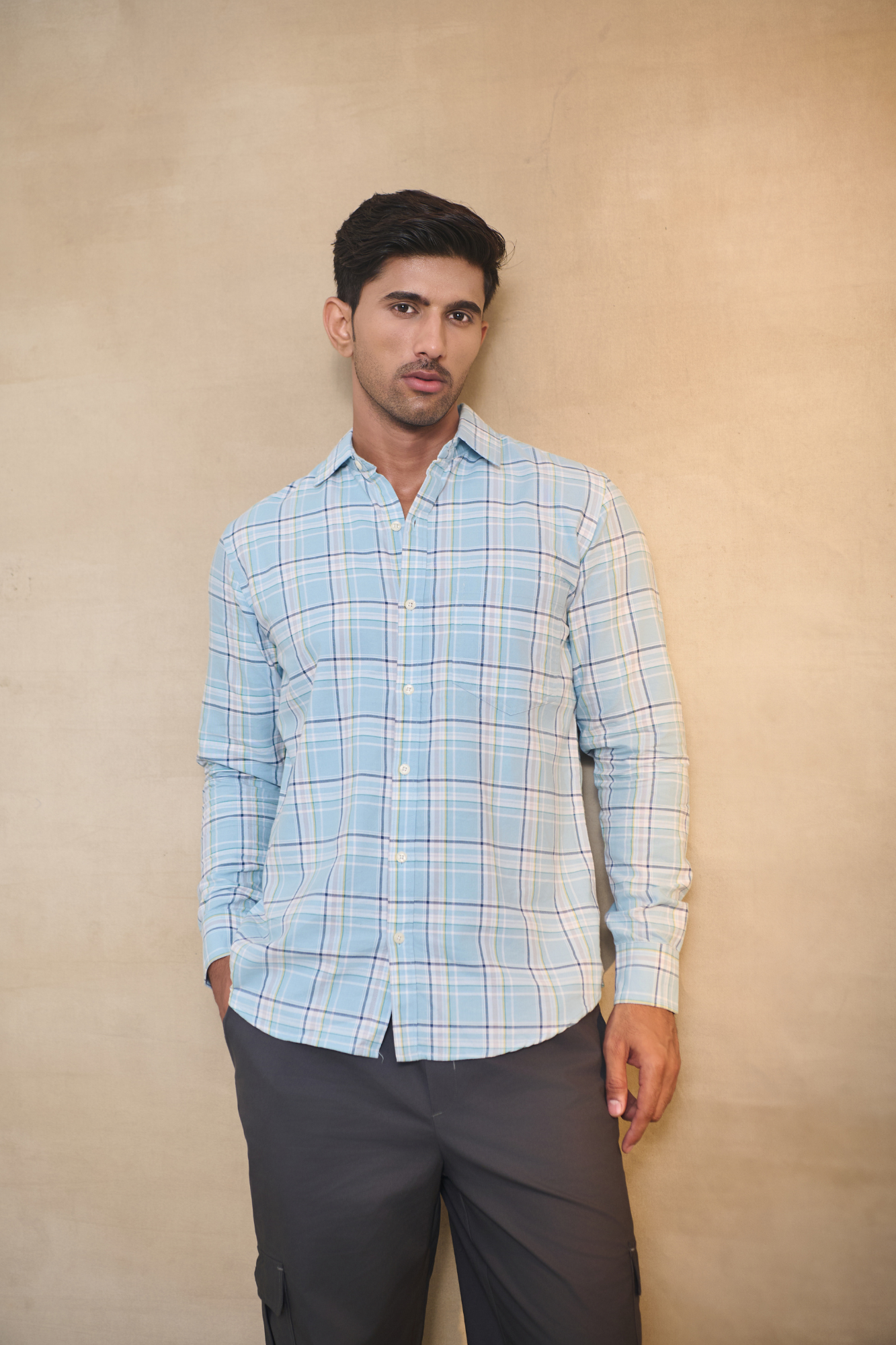 Oxford Check Shirt with 1 Patch Pocket - Light Blue