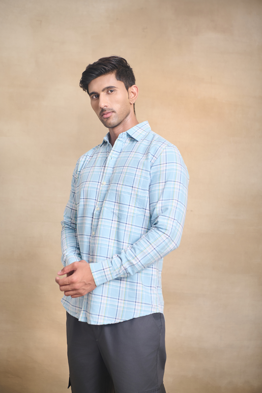 Oxford Check Shirt with 1 Patch Pocket - Light Blue