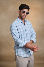 Cotton Linen Blend Check Shirt - Blue