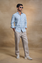 Cotton Linen Blend Check Shirt - Blue