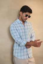 Cotton Linen Blend Check Shirt - Blue