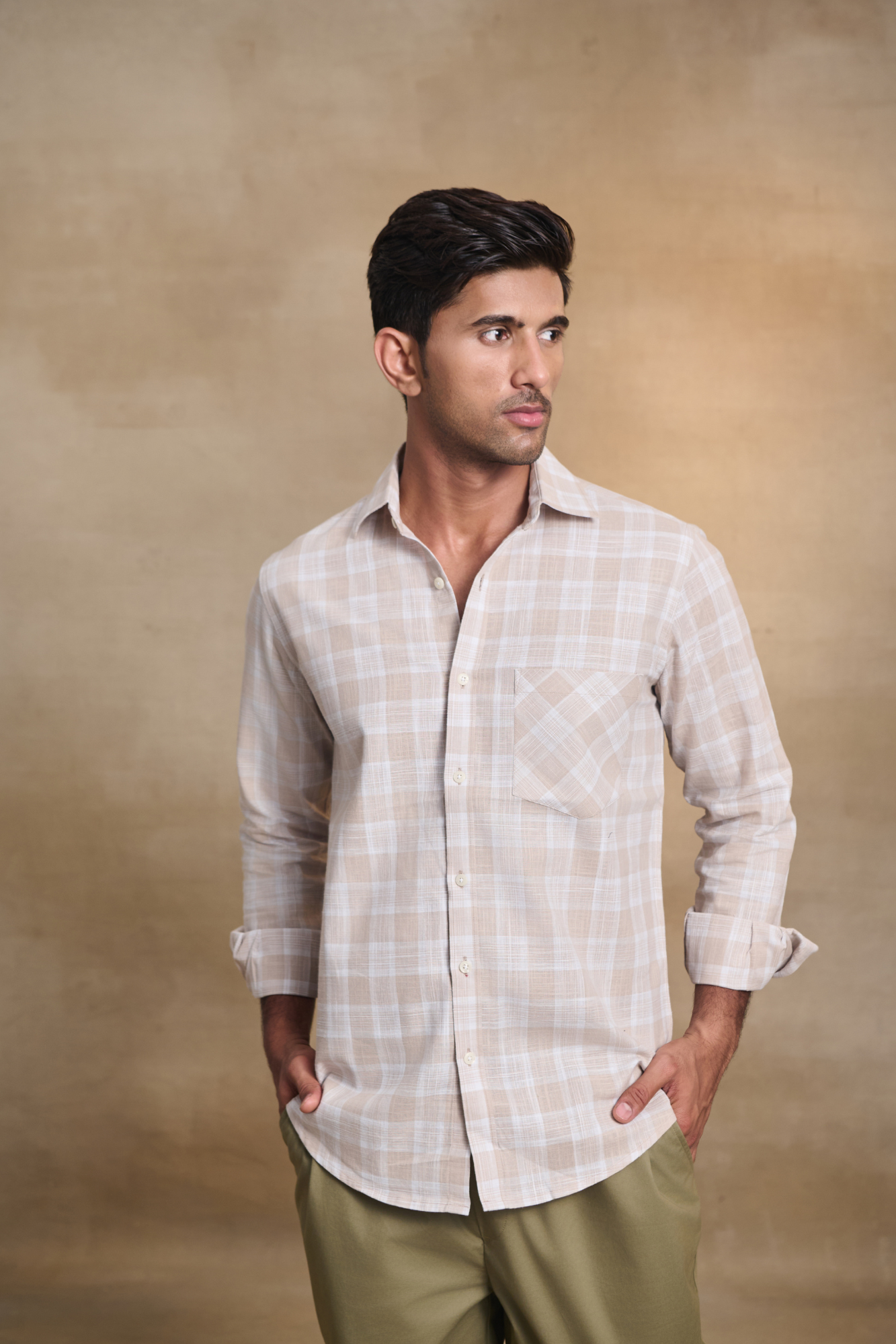 Cotton Linen Blend Check Shirt - Light Beige