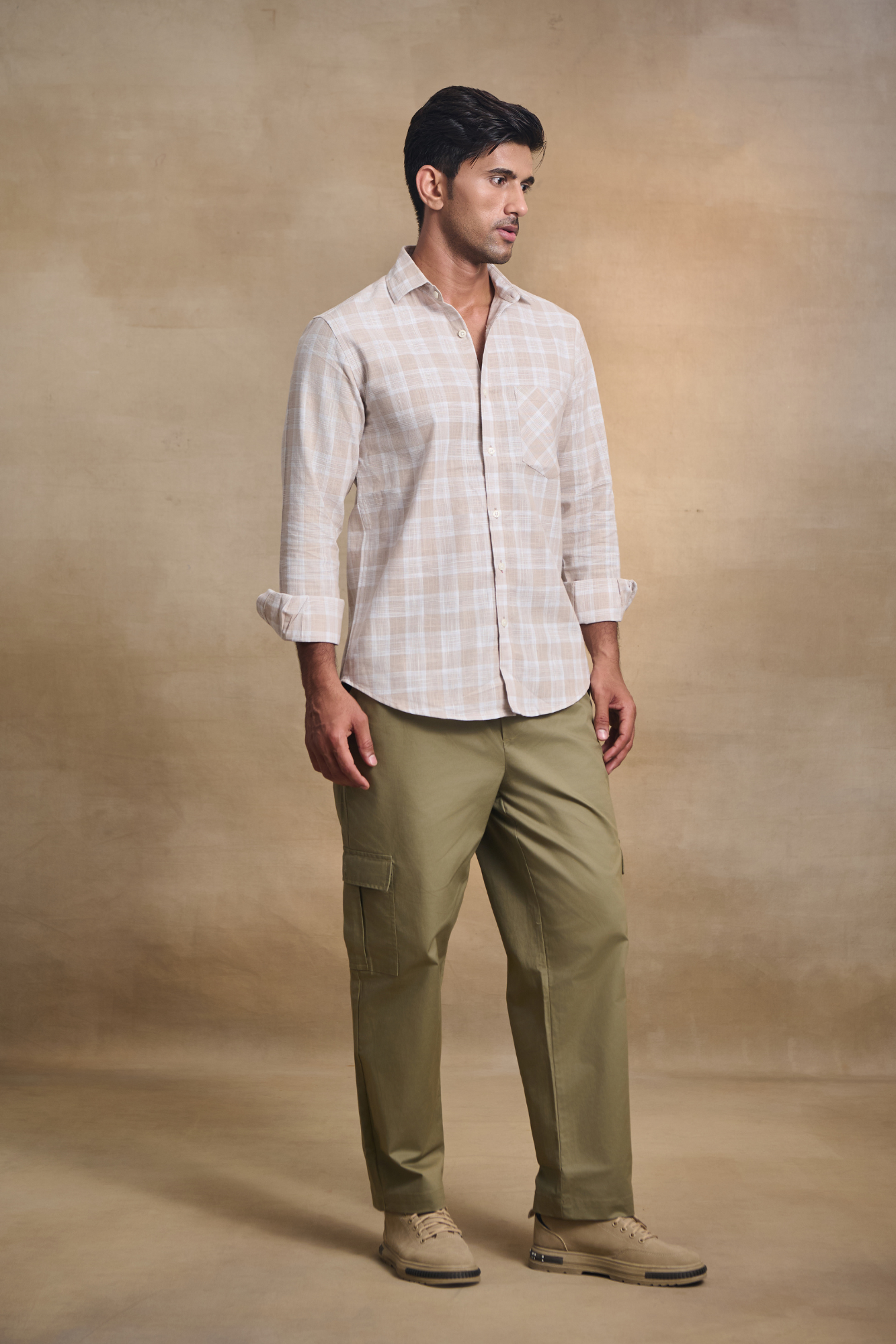 Cotton Linen Blend Check Shirt - Light Beige