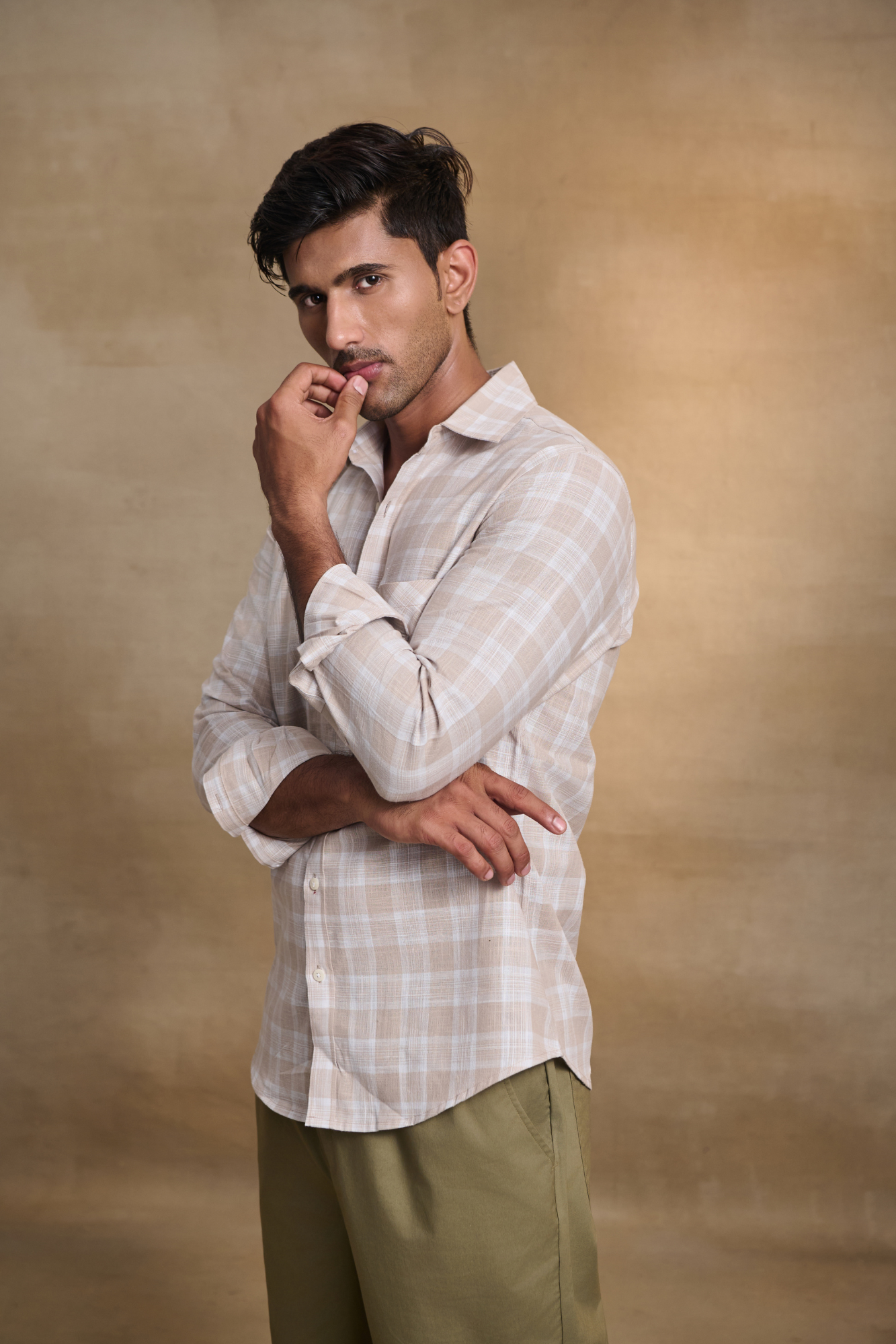 Cotton Linen Blend Check Shirt - Light Beige