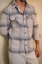 Brushed Check Oversize Shirt with Flapped Double Pocket - Dark Beige