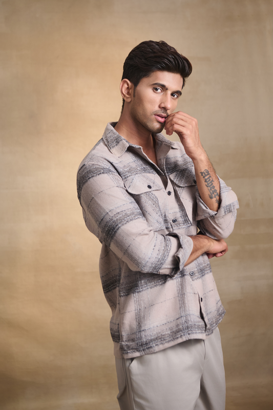 Brushed Check Oversize Shirt with Flapped Double Pocket - Dark Beige