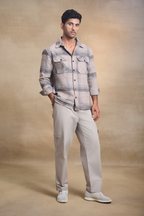 Brushed Check Oversize Shirt with Flapped Double Pocket - Dark Beige