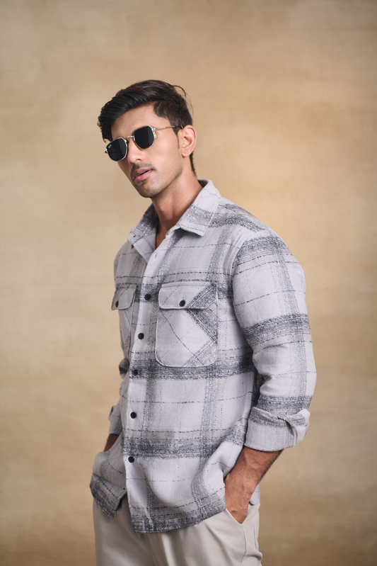 Brushed Check Oversize Shirt with Flapped Double Pocket - Light Grey