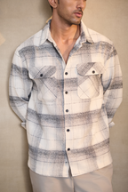 Brushed Check Oversize Shirt with Flapped Double Pocket - Off White