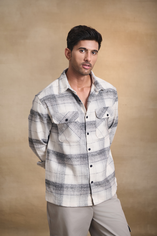 Brushed Check Oversize Shirt with Flapped Double Pocket - Off White