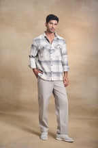 Brushed Check Oversize Shirt with Flapped Double Pocket - Off White