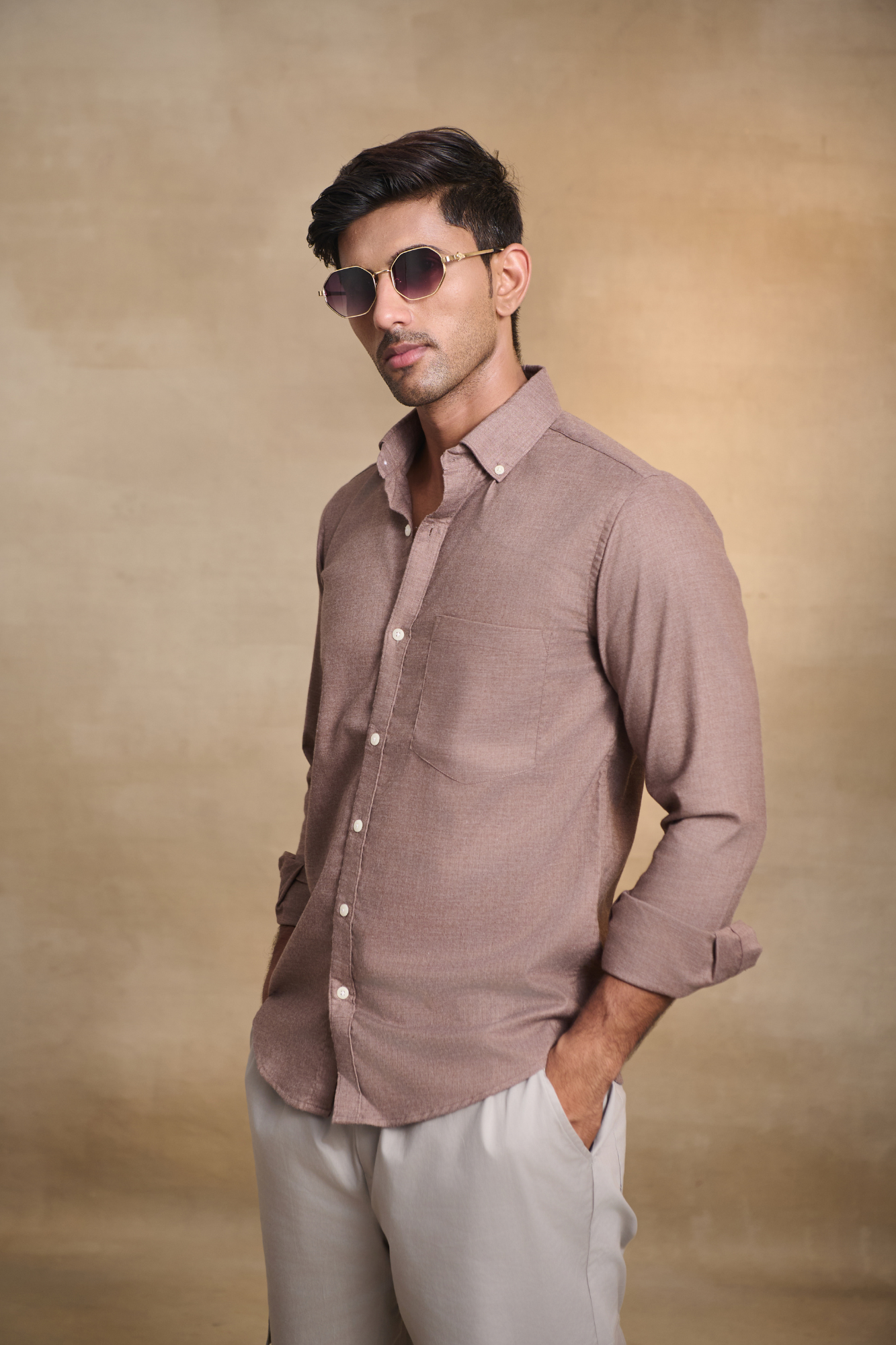 Premium Solid Melange Button Down Shirt - Beige