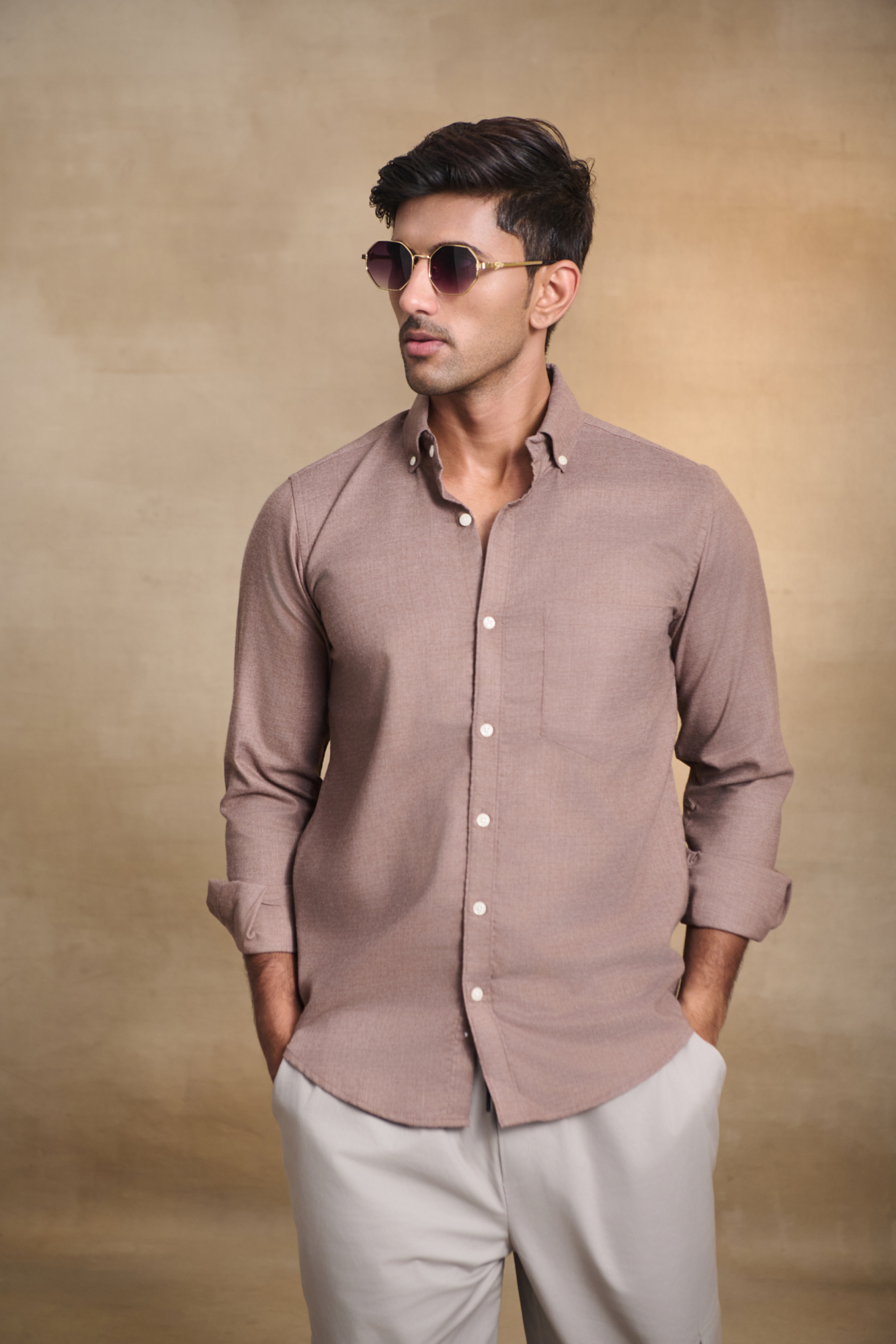 Premium Solid Melange Button Down Shirt - Beige