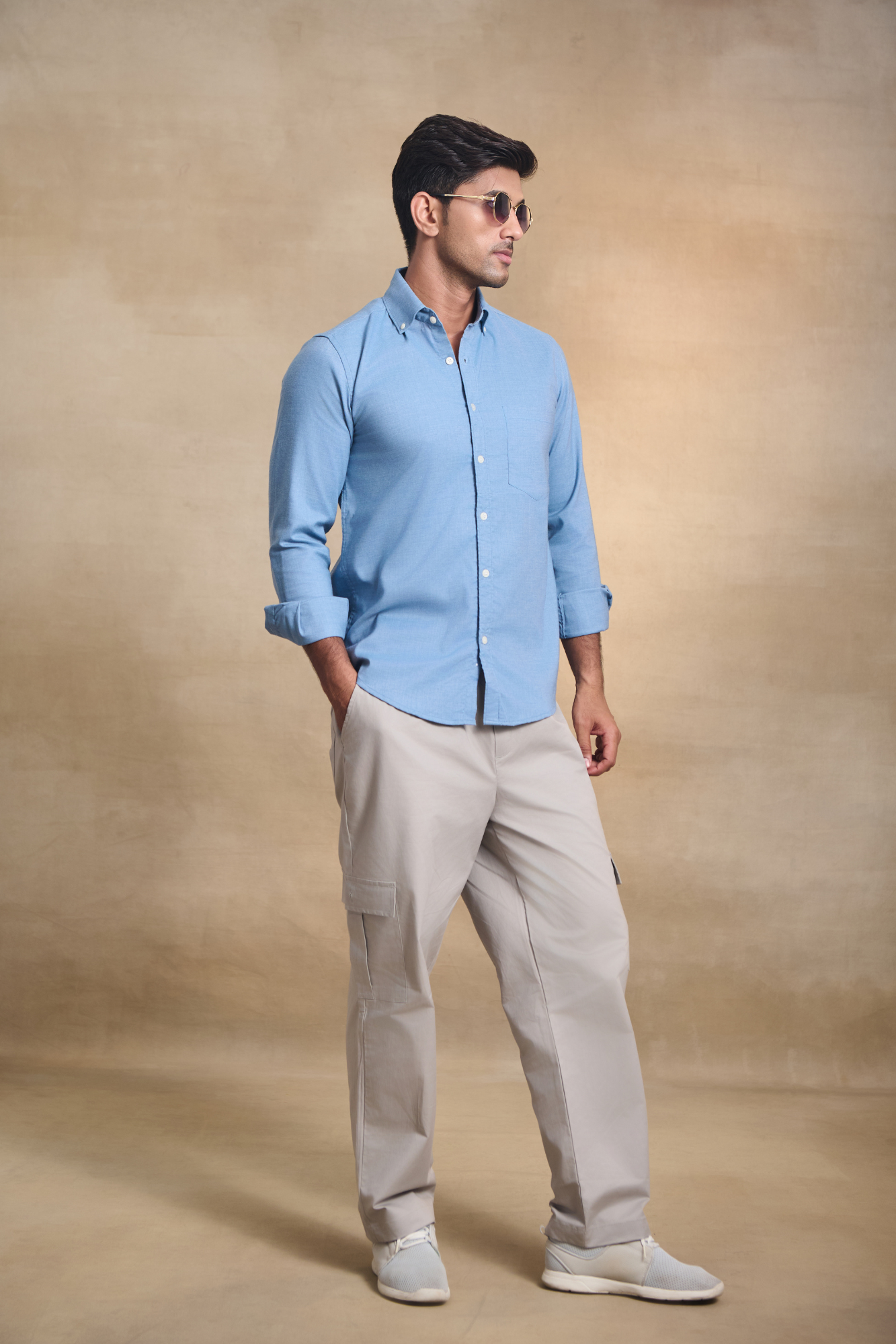 Premium Solid Melange Button Down Shirt - Light Blue