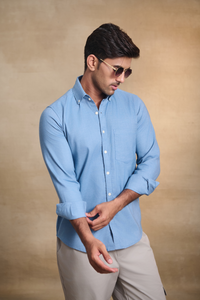 Premium Solid Melange Button Down Shirt - Light Blue