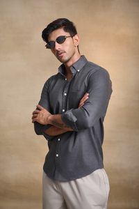 Premium Solid Melange Button Down Shirt - Dark Grey