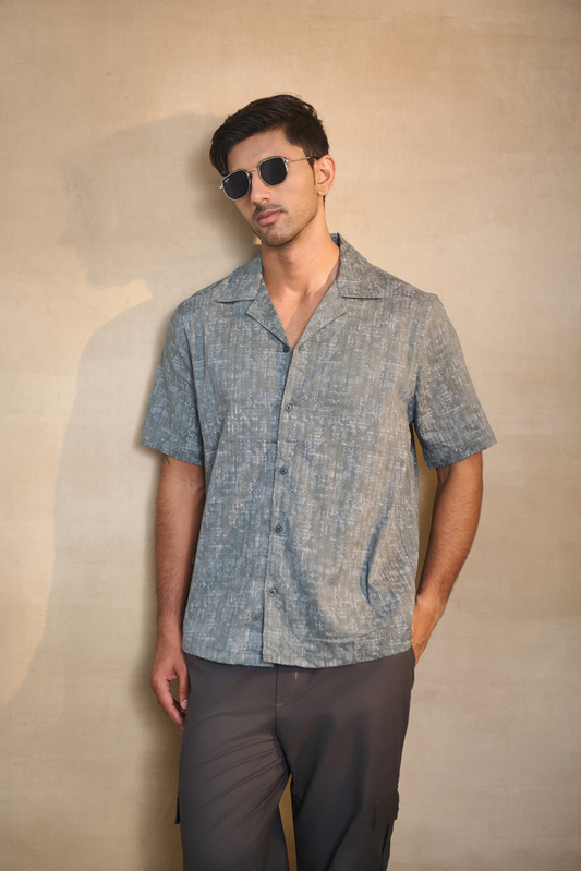 Half Sleeves Printed Cuban Collar Oversize Shirt - Green