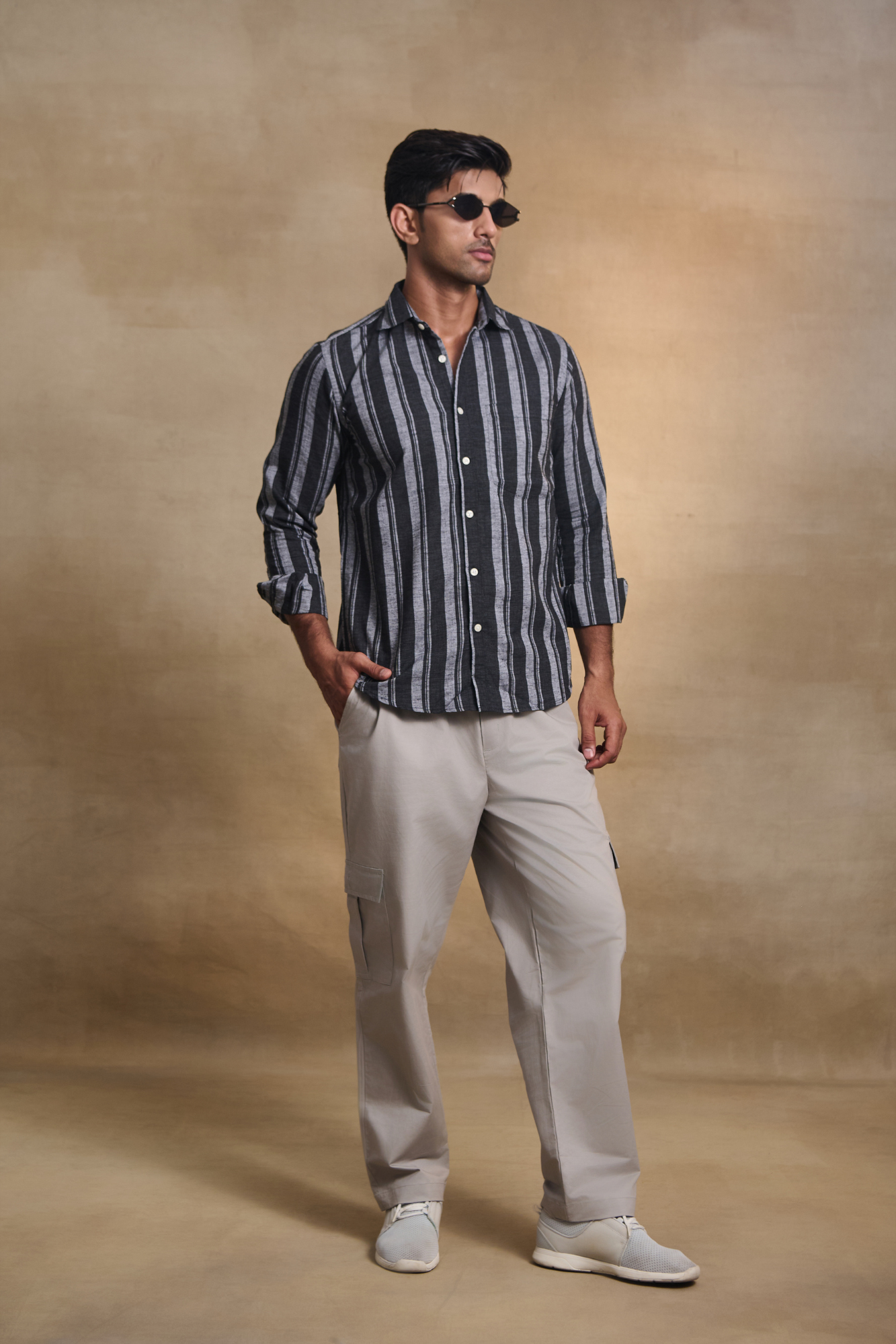 Classic Striped Shirt with Patch Pocket - Black