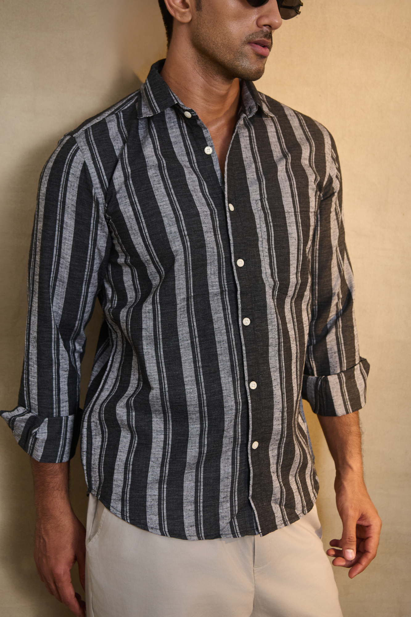 Classic Striped Shirt with Patch Pocket - Black