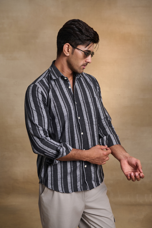 Classic Striped Shirt with Patch Pocket - Black