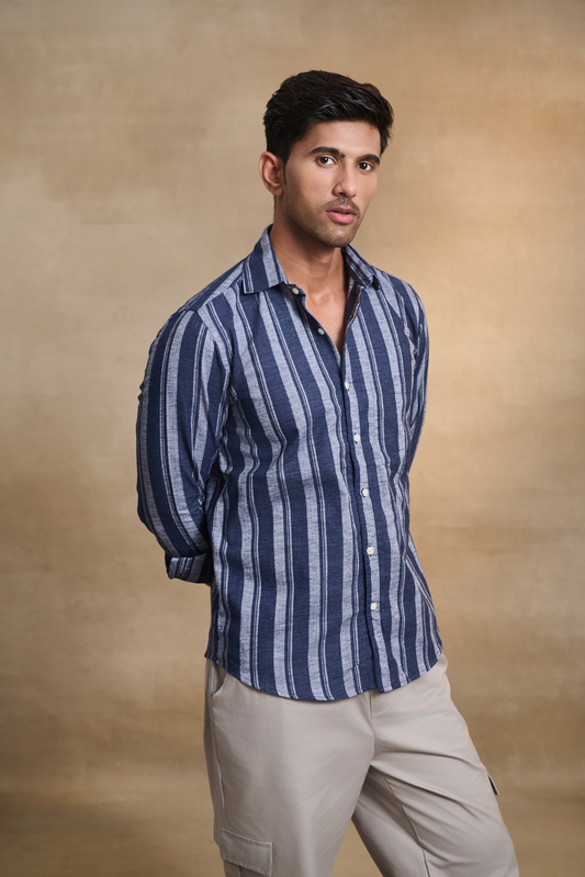 Classic Striped Shirt with Patch Pocket - Blue