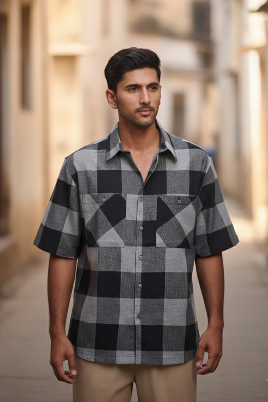 Half Sleeves Oversize Shirt with Double Patch Pocket - Black
