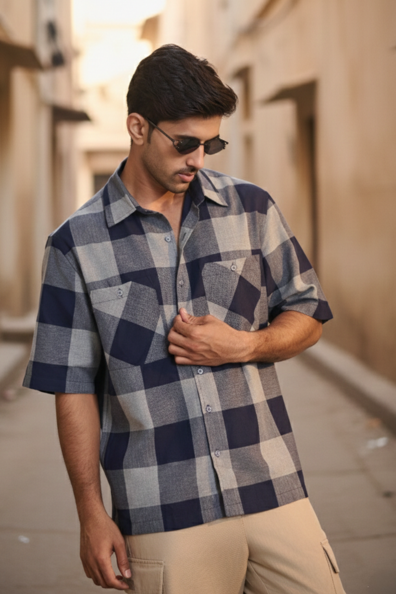 Half Sleeves Oversize Shirt with Double Patch Pocket - Blue