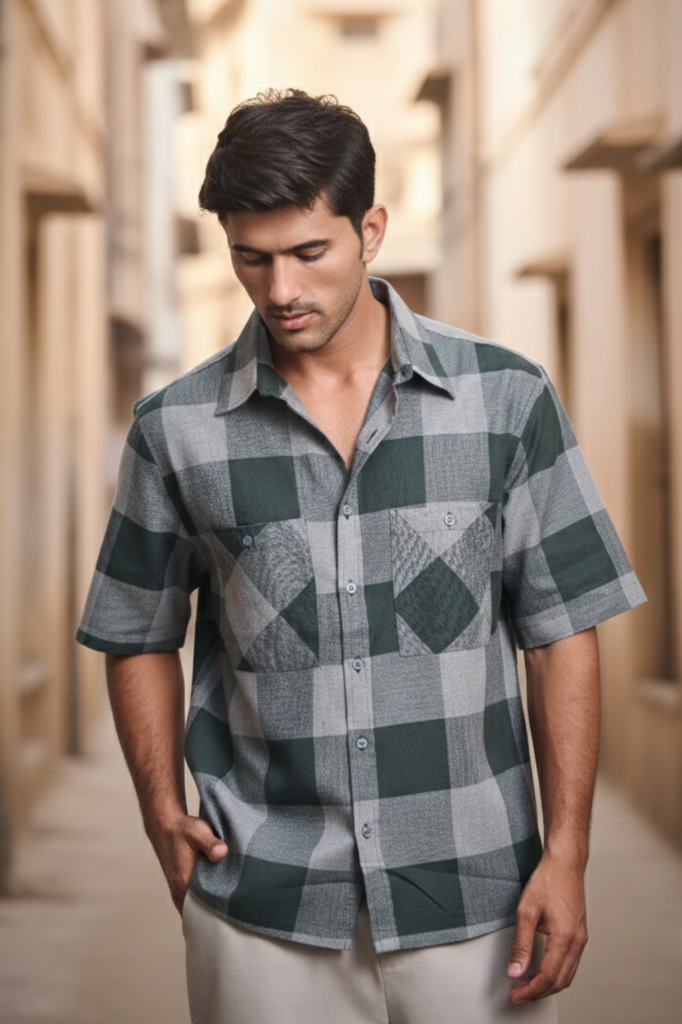 Half Sleeves Oversize Shirt with Double Patch Pocket - Green