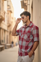 Half Sleeves Oversize Shirt with Double Patch Pocket - Red