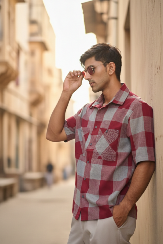 Half Sleeves Oversize Shirt with Double Patch Pocket - Red