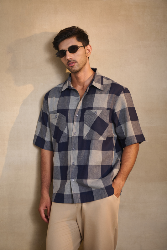 Half Sleeves Oversize Shirt with Double Patch Pocket - Blue