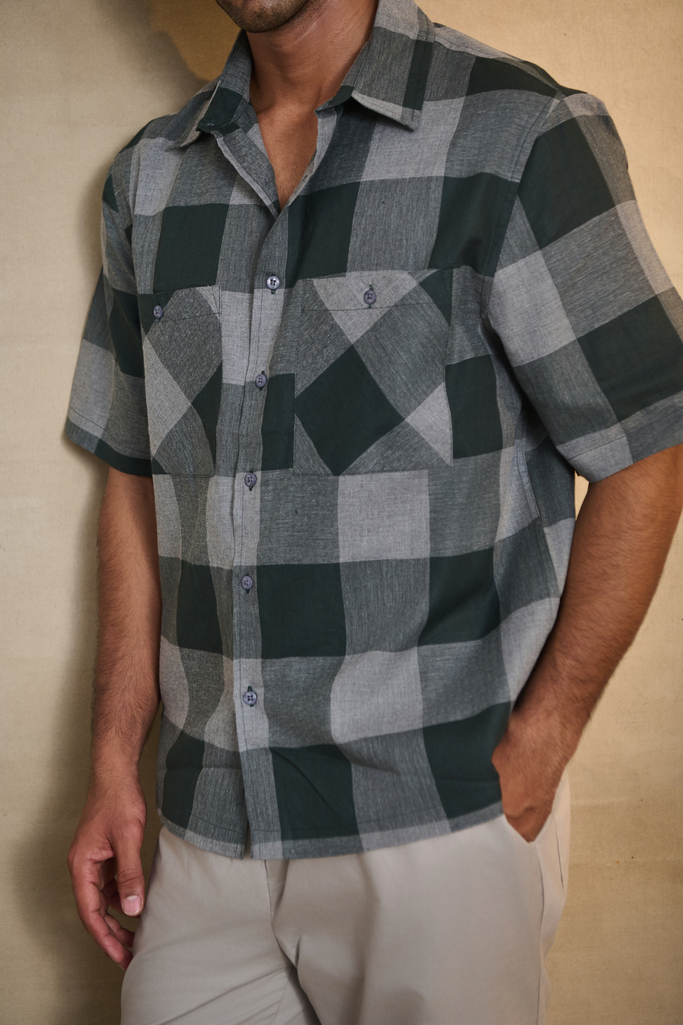 Half Sleeves Oversize Shirt with Double Patch Pocket - Green