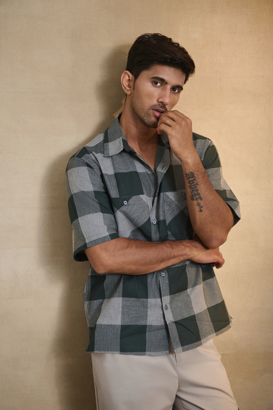 Half Sleeves Oversize Shirt with Double Patch Pocket - Green