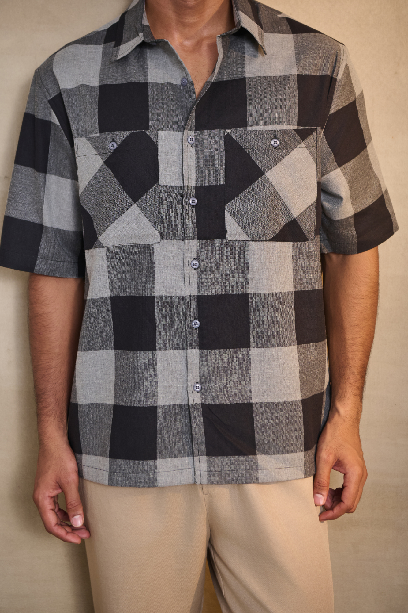 Half Sleeves Oversize Shirt with Double Patch Pocket - Black