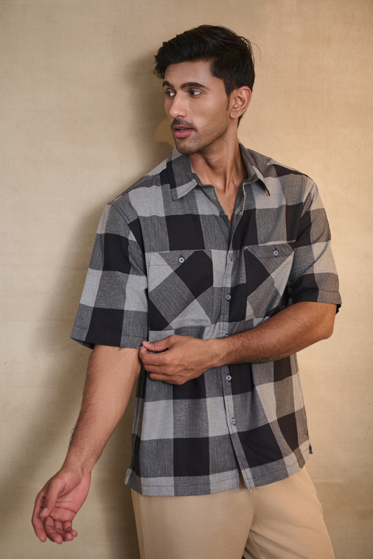 Half Sleeves Oversize Shirt with Double Patch Pocket - Black