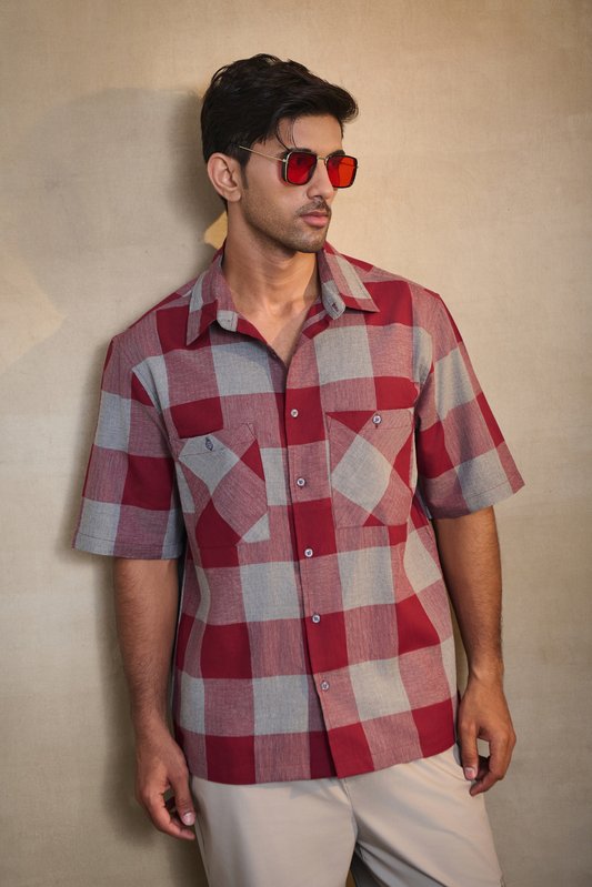 Half Sleeves Oversize Shirt with Double Patch Pocket - Red