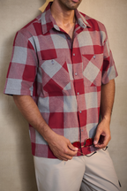 Half Sleeves Oversize Shirt with Double Patch Pocket - Red