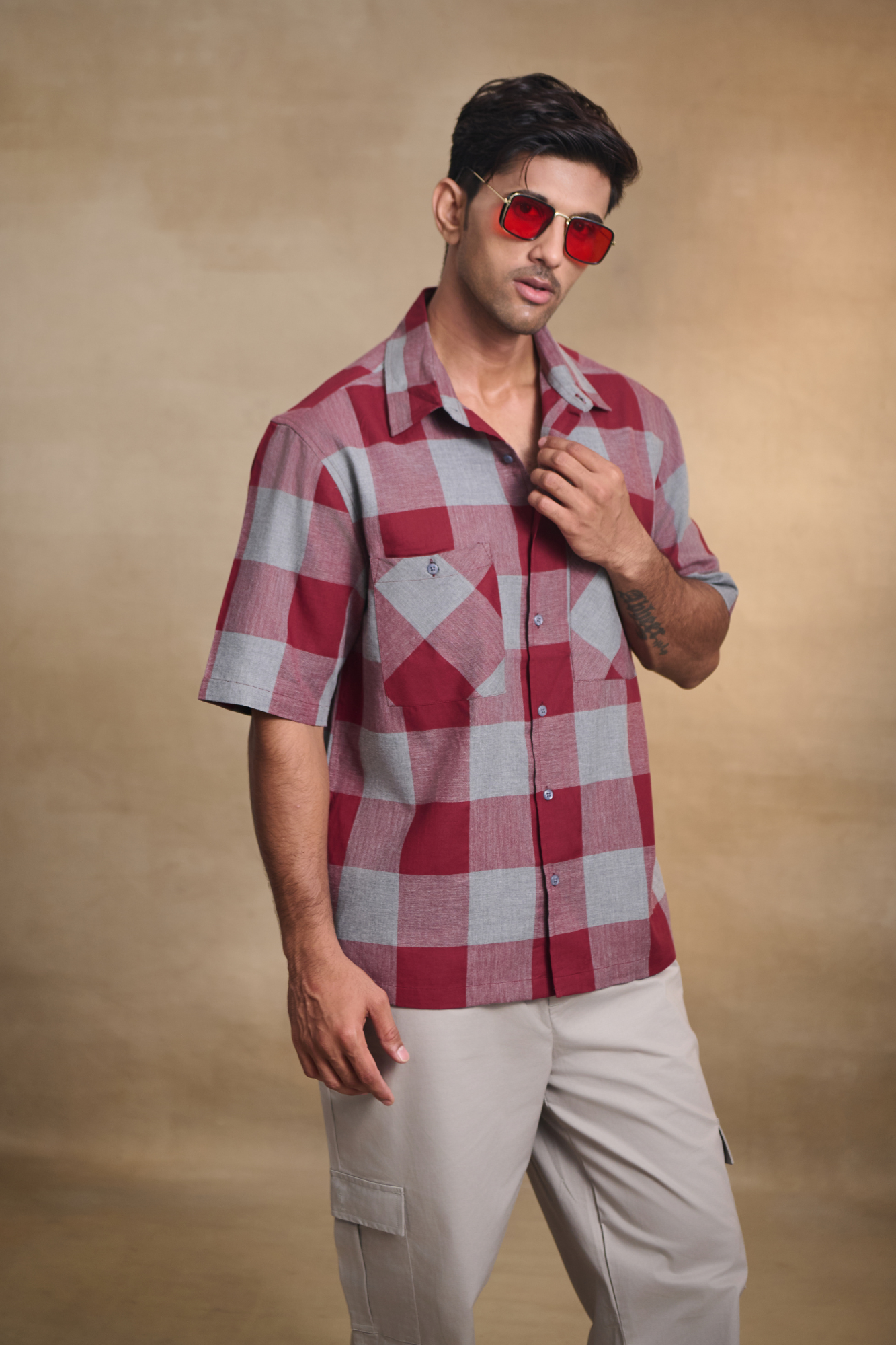 Half Sleeves Oversize Shirt with Double Patch Pocket - Red