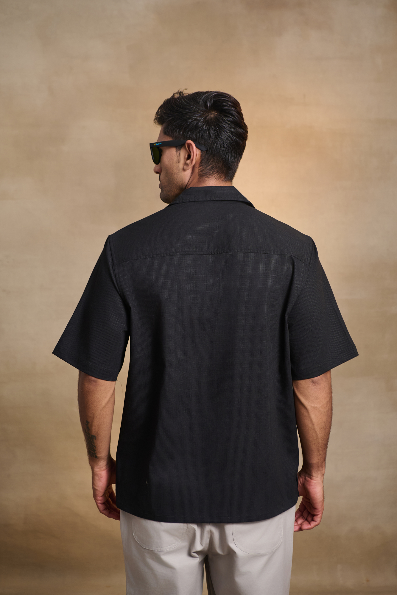Cuban Collar Oversize Half Sleeves Shirt - Black