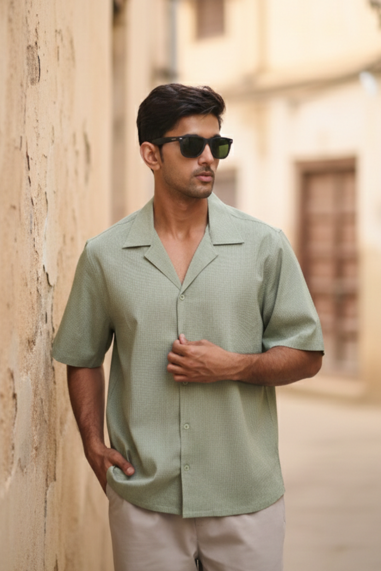 Cuban Collar Oversize Half Sleeves Shirt - Green