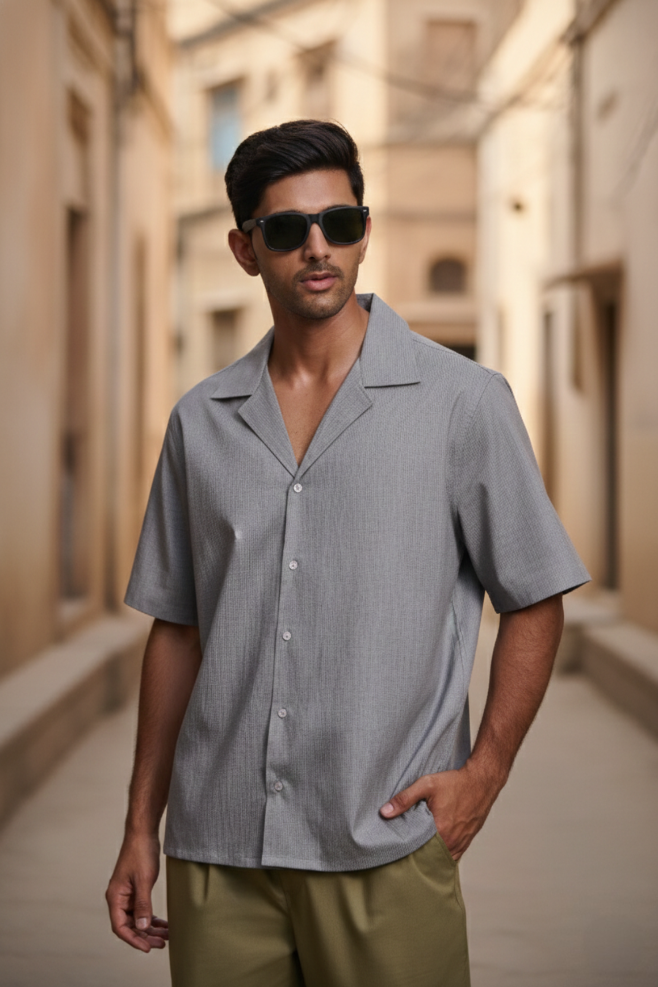 Cuban Collar Oversize Half Sleeves Shirt - Grey