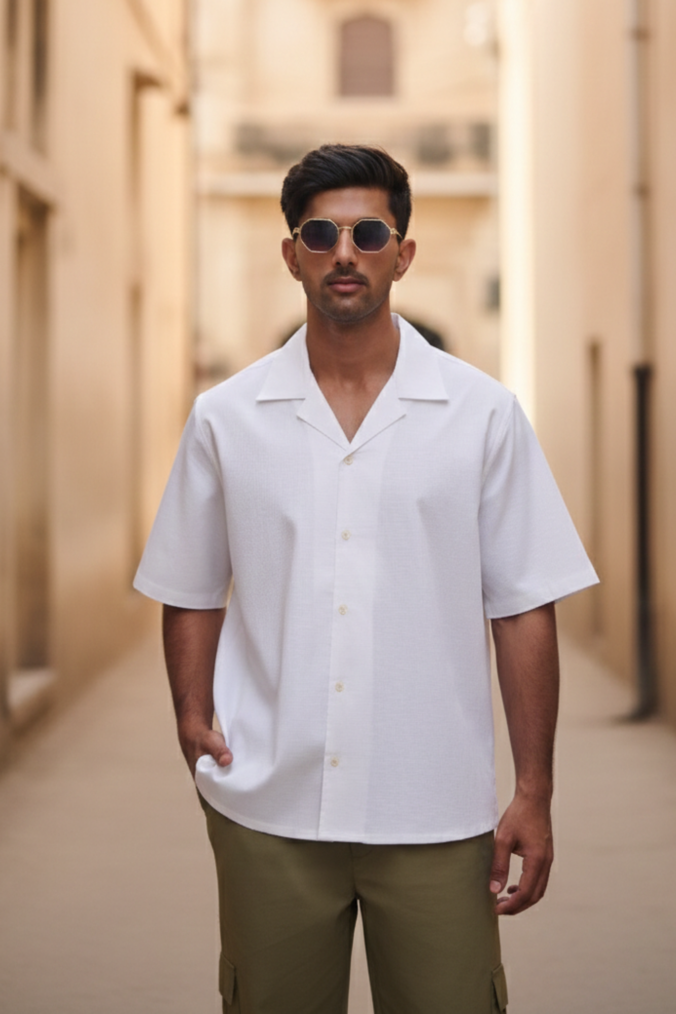 Cuban Collar Oversize Half Sleeves Shirt - White