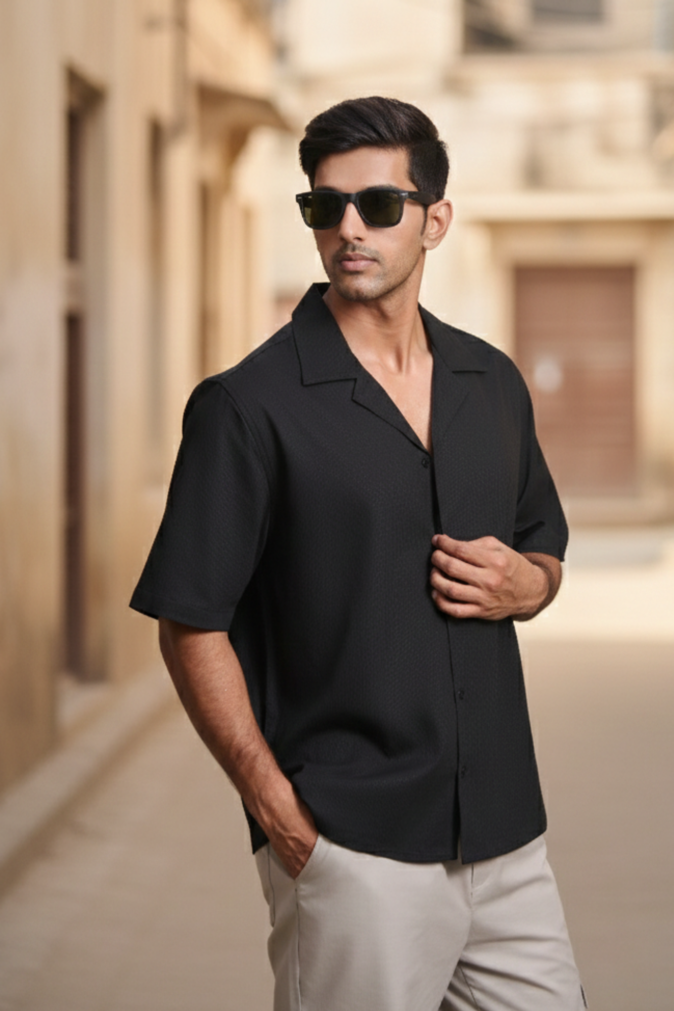 Cuban Collar Oversize Half Sleeves Shirt - Black